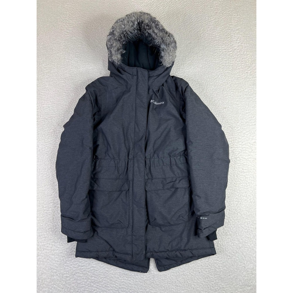 Columbia Parka Coat Youth 10/12 Gray Omni-Tech Faux Fur Hooded Insulated Winter